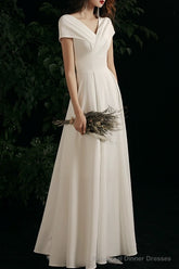 Simple V-neck Short-Sleeve Off Shoulder Long Prom Dress White A-Line  Evening Dress